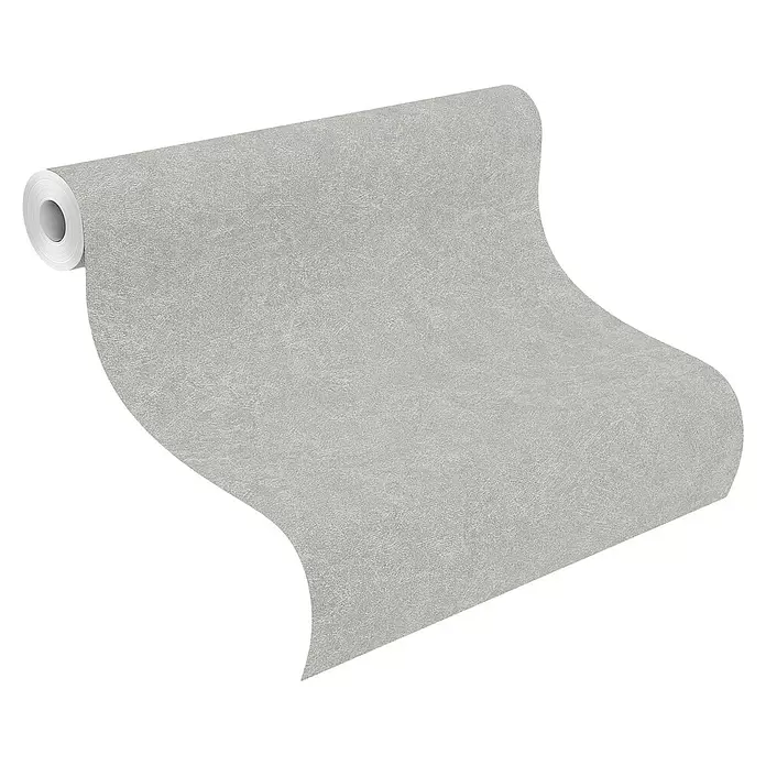 Rasch Welcome home Vliestapete Struktur-Uni - Nebel, Uni, 10,05 x 0,53 m - Graue, strukturierte Tapetenrolle, teilweise abgewickelt.