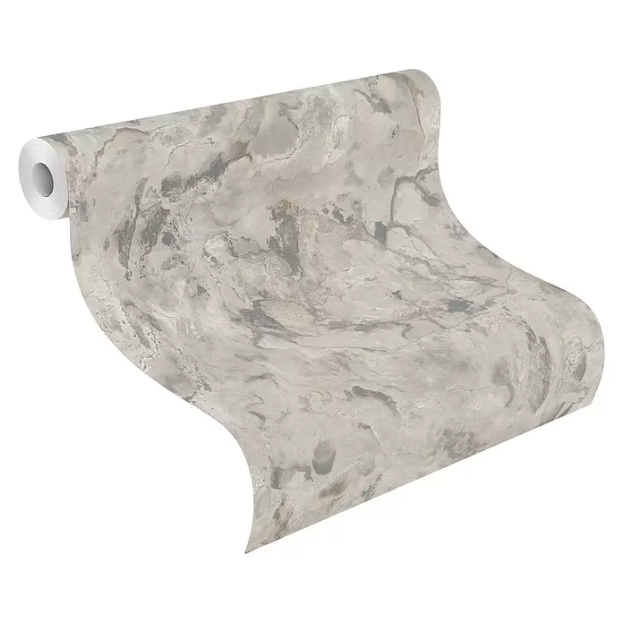 Rasch Symphony Vliestapete Marmor - Mittelgrau, Steinoptik, 10,05 x 0,53 m - Teilweise abgerollte Tapetenrolle mit grau-beigem Marmormuster.