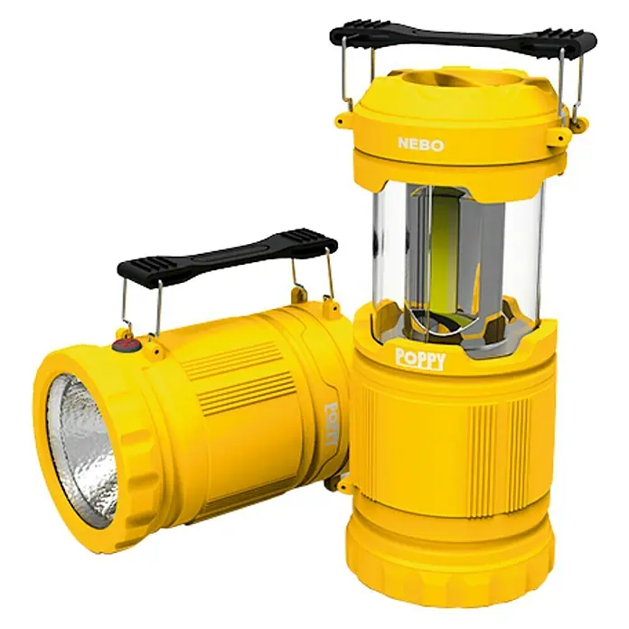 Linterna Poppy - 300 lm - Linterna amarilla NEBO Fortis y Poppy con asa negra. Excelente para acampar, emergencias o iluminar áreas oscuras.