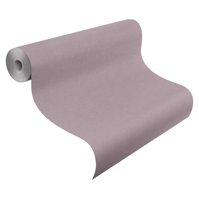 Rasch Country Charme Vliestapete Textil-Uni - Lila, Uni, 10,05 x 0,53 m - Rolle hellvioletter Tapete, teilweise abgerollt, mit feiner strukturierter Oberfläche.