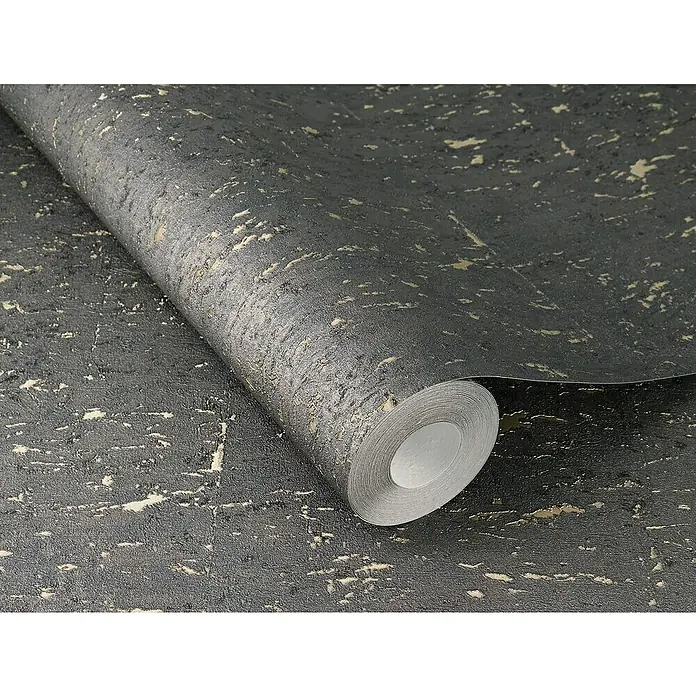 Rasch Curiosity Vliestapete Kork-Optik - Offblack, Steinoptik, 10,05 x 0,53 m - Nahaufnahme einer Rolle dunkler Vinyltapete mit abstrakter Textur und metallischen Akzenten.