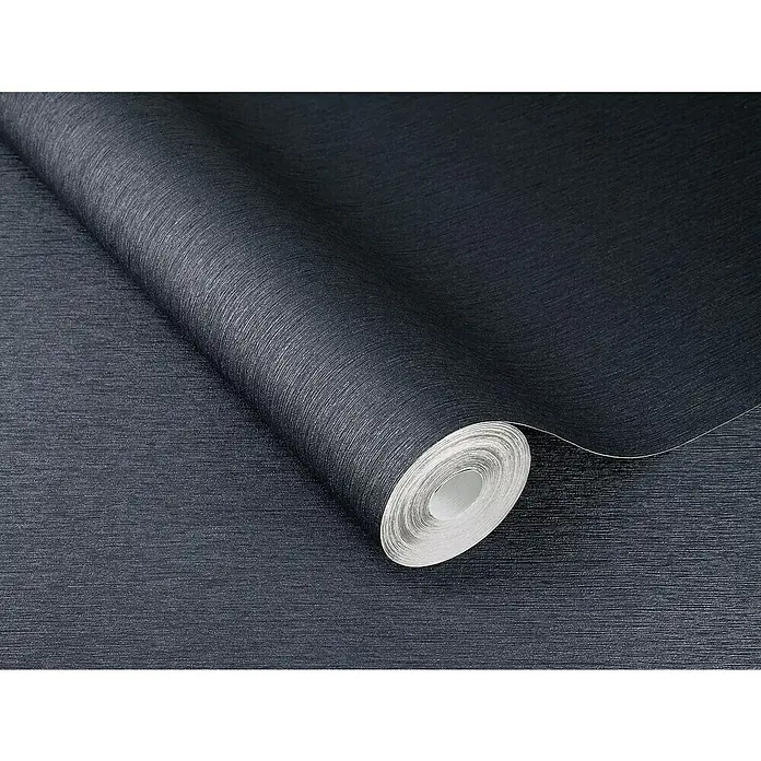 Rasch Sky Lounge Vliestapete Metallic-Uni - Nachtblau, Uni, 10,05 x 0,53 m - Nahaufnahme einer Rolle stilvoller, dunkelblauer Strukturtapete, die sich perfekt für die moderne Wandgestaltung eignet.