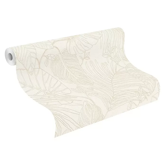 Rasch Color your life Vliestapete Blätter - Cremeweiß, Floral, 10,05 x 0,53 m - Rolle beiger Tapete mit hellbraunem Umrissmuster aus Tropenblättern, teilweise abgerollt.