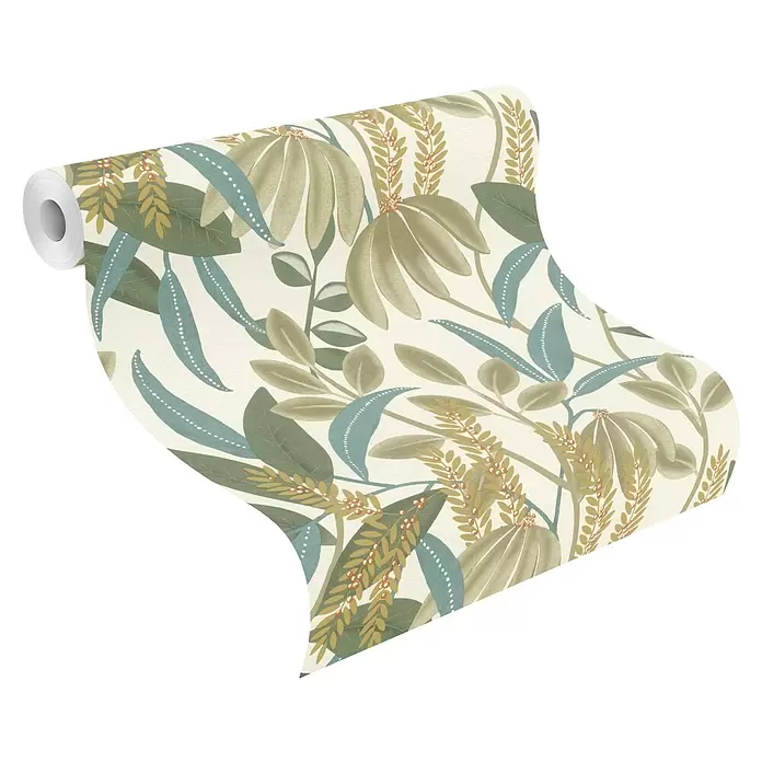 Rasch Country Charme Vliestapete Blätter - Moosgrün, Floral, 10,05 x 0,53 m - Tapetenrolle mit botanischem Muster auf cremefarbenem Grund, grünen/blau-grauen Blättern und goldbraunen Beeren/Ranken.