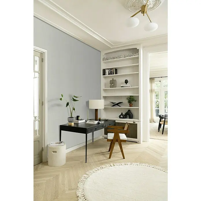 Rasch Color your life Vliestapete Struktur-Uni - Blassgrün, Uni, 10,05 x 0,53 m - Ein elegantes Interieur mit einem stilvollen schwarzen Schreibtisch, einem Bücherregal und einem runden Teppich, das eine einladende Atmosphäre schafft.