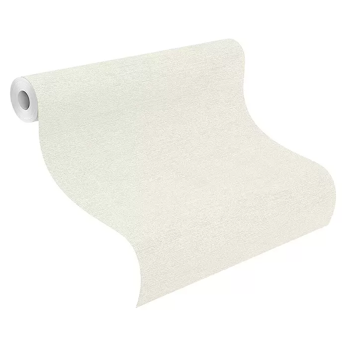 Rasch Welcome home Vliestapete Textil-Uni - Cremeweiß, Uni, 10,05 x 0,53 m - Abgerollte, hellbeige strukturierte Tapetenrolle.