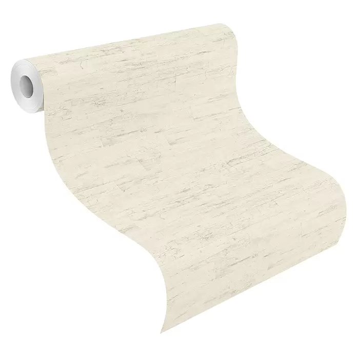 Rasch Curiosity Vliestapete Holzoptik - Offwhite, Holzoptik, 10,05 x 0,53 m - Rolle hellbeiger Tapete mit gemustertem Holzplanken-Design, teilweise abgerollt.