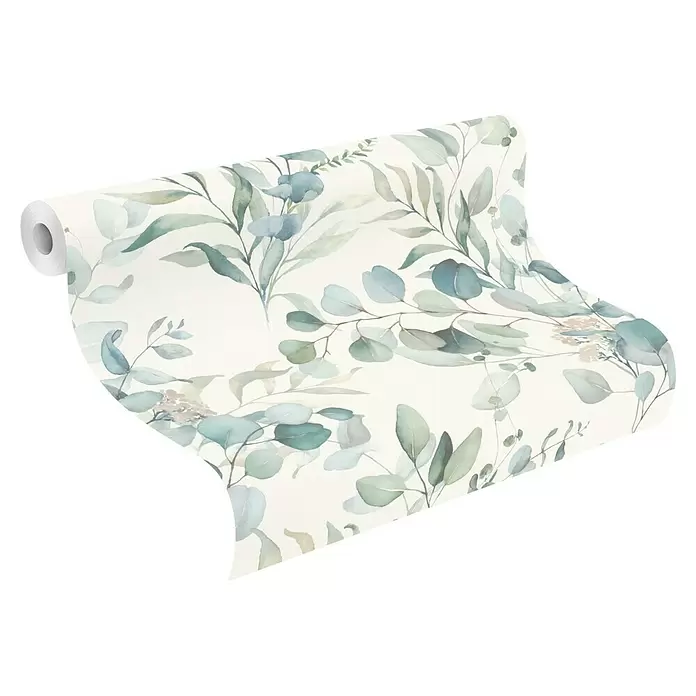 Rasch Kids World Vliestapete Blätter - Petrol hell, Floral, 10,05 x 0,53 m - Tapetenrolle mit zartem botanischem Muster aus grünen und blau-grauen Eukalyptusblättern auf hellem Grund.