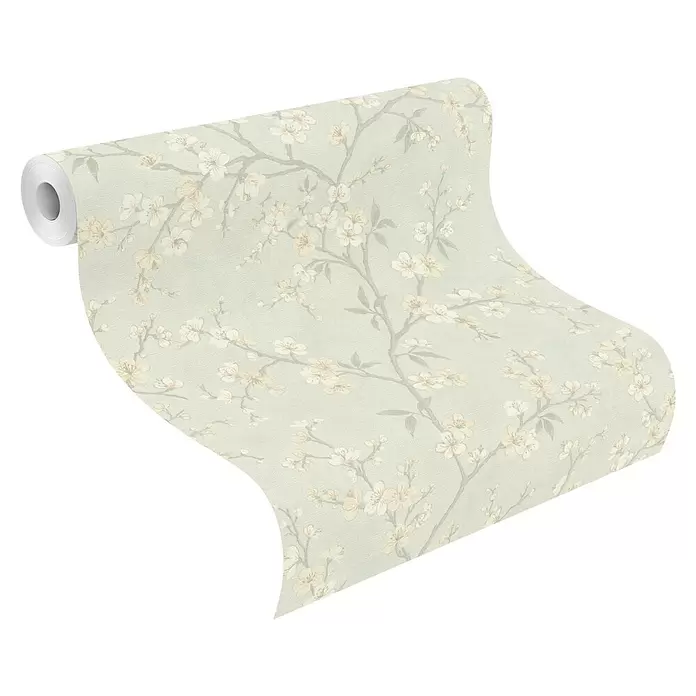 Rasch Country Charme Vliestapete Kirschblüten - Pastellblau, Floral, 10,05 x 0,53 m - Rolle hellgrüner Tapete mit zartem Blumenmuster aus Ästen und blassen Blüten.
