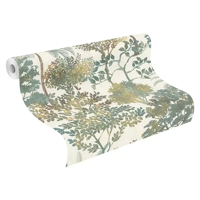 Rasch Symphony Vliestapete Nature - Petrol dunkel, Floral, 10,05 x 0,53 m - Tapetenrolle mit elegantem Naturmuster aus Bäumen und Blättern in Grün-, Gold- und Brauntönen.