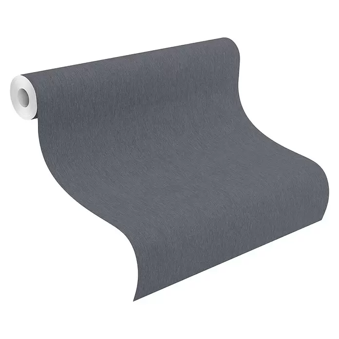 Rasch Sky Lounge Vliestapete Metallic-Uni - Nachtblau, Uni, 10,05 x 0,53 m - Rolle dunkler grauer strukturierter Tapete, die abrollt.