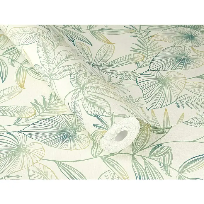 Rasch Country Charme Vliestapete Blätter - Hellgrün, Floral, 10,05 x 0,53 m - Nahaufnahme einer Rolle tropischer Blatt-Tapete mit zarten grünen und gelben Farbtönen, die eine elegante, natürliche Ästhetik verleihen.