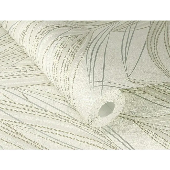 Rasch Welcome home Vliestapete Gräser - Cremeweiß, Floral, 10,05 x 0,53 m - Nahaufnahme einer Rolle stilvoller Tapete mit linearem Muster in sanften Grautönen und subtiler Textur für eine moderne Wandgestaltung.