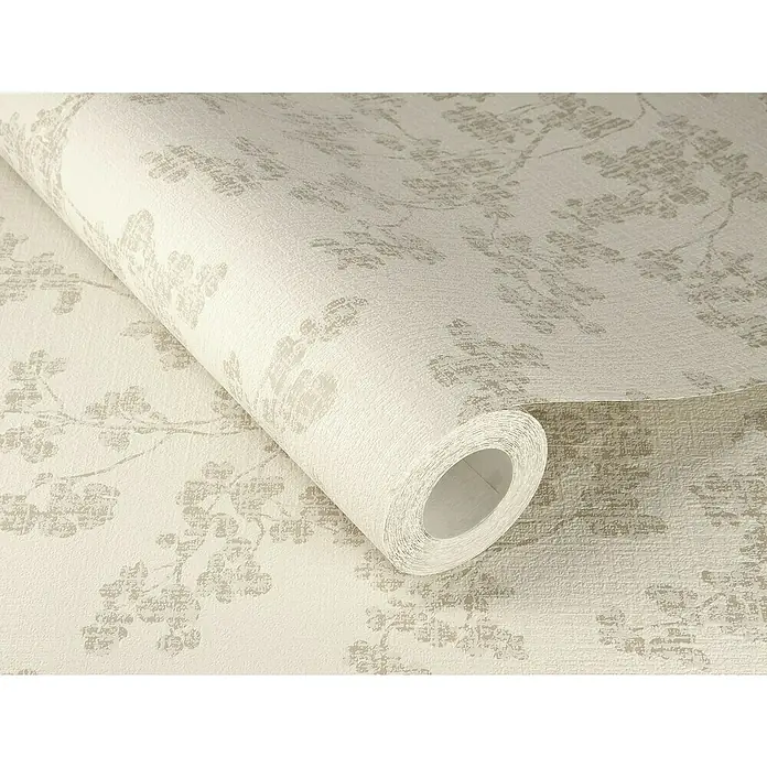 Rasch Welcome home Vliestapete Pflanzen - Greige, Floral, 10,05 x 0,53 m - Eine Rolle stilvoller, cremefarbener Tapete mit einem zarten, floralen Muster, ideal für die Wandgestaltung.