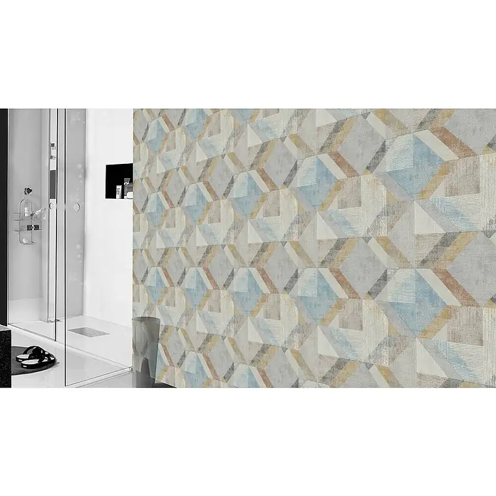 Rasch Color your life Vliestapete Geometrie - Hellbraun, Grafisch, 10,05 x 0,53 m - Wandgestaltung im Badezimmer mit auffälligem geometrischen Fliesenmuster in Grau-, Blau- und Brauntönen für ein modernes Ambiente.