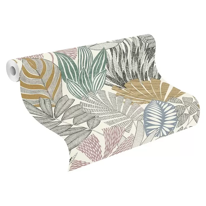 Rasch Symphony Vliestapete Nature - Bunt, Floral, 10,05 x 0,53 m - Rolle botanische Tapete mit stilisierten Blättern in Petrol, Rosa, Gold und Grau auf cremefarbenem Hintergrund.