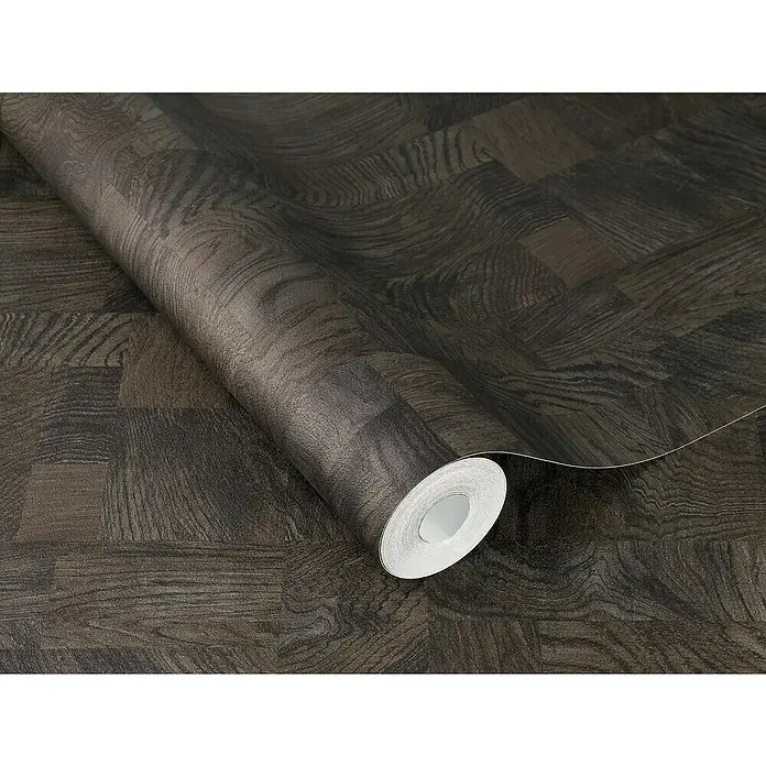 Rasch African Queen III Vliestapete Holz - Schwarzbraun, Holzoptik, 10,05 x 0,53 m - Nahaufnahme einer Rolle dunkler Holz-Look-Tapete mit einem realistischen Muster für eine stilvolle Inneneinrichtung.