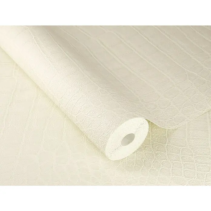 Rasch African Queen III Vliestapete Krokodilleder - Cremeweiß, Lederoptik, 10,05 x 0,53 m - Ein cremefarbene Tapetenrolle mit Krokodilleder-Muster, die Textur und luxuriöse Optik für Wände bietet und jedem Raum eine elegante Note verleiht.