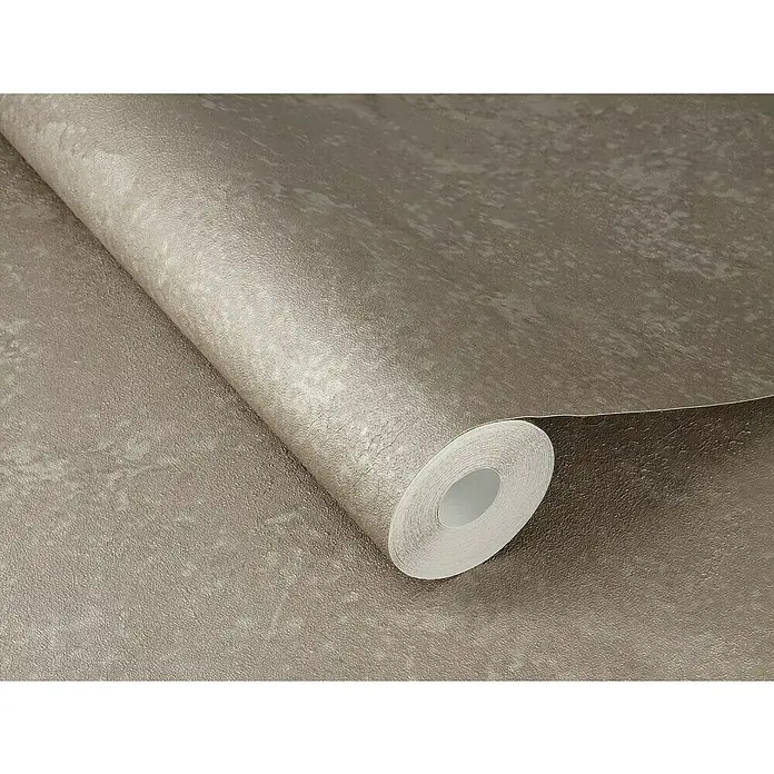 Rasch Factory V Vliestapete Metalloptik - Hellbraun, Uni, 10,05 x 0,53 m - Nahaufnahme einer Rolle grauer Tapete mit subtiler Textur. Ideal für moderne Innenräume und zur Wandgestaltung.