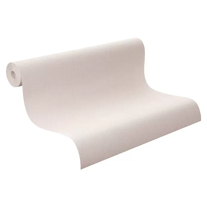 Rasch Country Charme Vliestapete Textil-Uni - Hellrosa, Uni, 10,05 x 0,53 m - Eine teilweise abgerollte, hellbeige strukturierte Tapetenrolle.