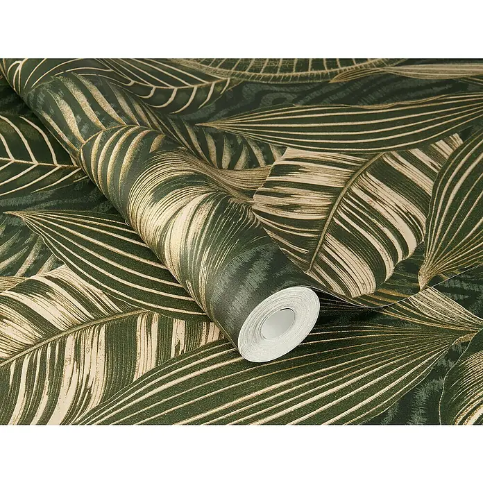 Rasch African Queen III Vliestapete Blätter - Dunkelgrün, Floral, 10,05 x 0,53 m - Eine Rolle stilvoller Tapete mit einem tropischen Blättermuster in Grün- und Beigetönen. Perfekt, um jedem Raum einen Hauch von Natur zu verleihen.