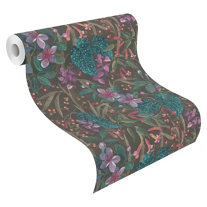 Rasch Curiosity Vliestapete Pflanzen - Offblack, Floral, 10,05 x 0,53 m - Sich abrollende Tapetenrolle mit dunklem Hintergrund und lebhaftem Blumen- und Pflanzenmuster.