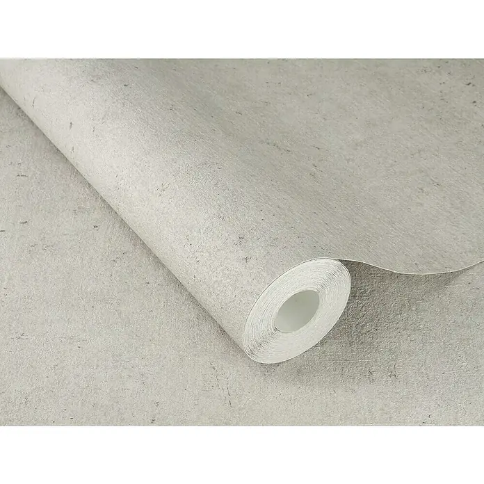 Rasch Factory V Vliestapete Beton-Uni - Hellgrau, Uni, 10,05 x 0,53 m - Nahaufnahme einer Rolle grauer Zementtapete mit subtiler Textur, ideal für moderne Innenräume und zur Schaffung einer stilvollen, industriellen Atmosphäre.