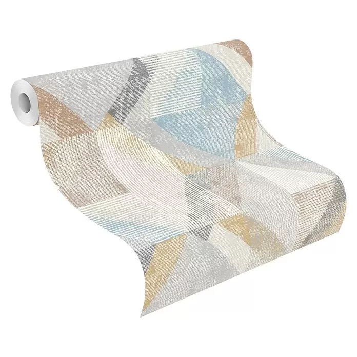 Rasch Color your life Vliestapete Geometrie - Hellbraun, Grafisch, 10,05 x 0,53 m - Abgerollte Tapete mit abstraktem geometrischem Muster in Beige, Blau, Grau und Weiß.