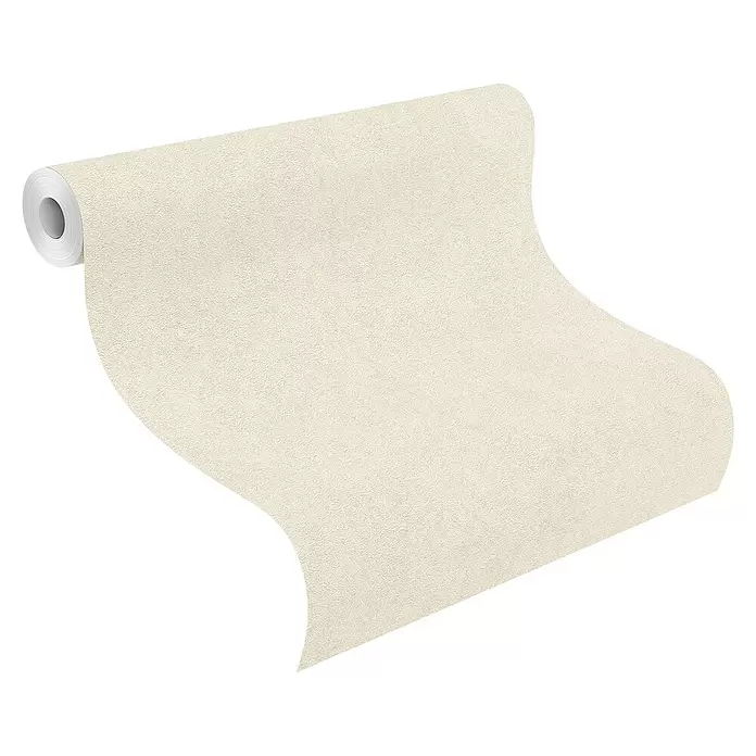 Rasch Wall Textures VI Vliestapete Struktur-Uni - Braunbeige, Uni, 10,05 x 0,53 m - Rolle hellbeige strukturierte Tapete, teilweise abgerollt, um die Oberfläche zu zeigen.