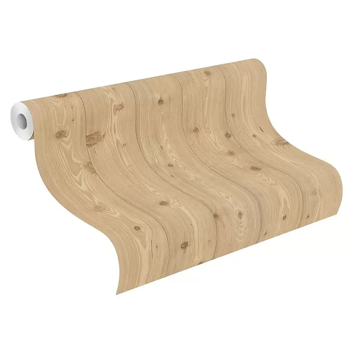 Rasch Symphony Vliestapete Industrial Holz - Naturbraun, Holzoptik, 10,05 x 0,53 m - Teilweise abgerollte Tapetenrolle mit hellem Holzplankenmuster.