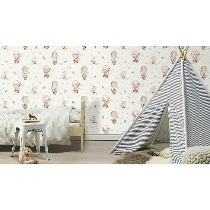 Rasch Kids World Vliestapete Ballon - Hellbeige, Tieroptik, 10,05 x 0,53 m - Einladendes Kinderzimmer mit gemusterten Tapeten, einem bequemen Bett und einem niedlichen Spielzelt für fantasievolles Spielen.