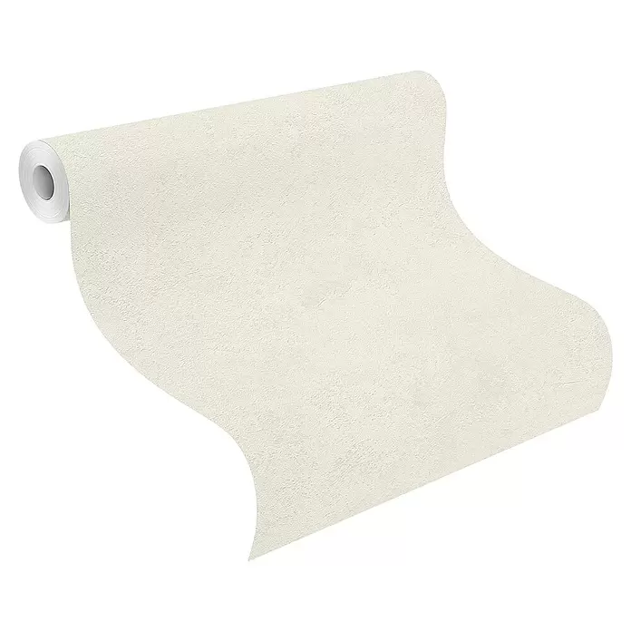 Rasch Factory V Vliestapete Metalloptik - Hellgrau, Uni, 10,05 x 0,53 m - Hellbeige, strukturierte Tapetenrolle, teilweise abgerollt.