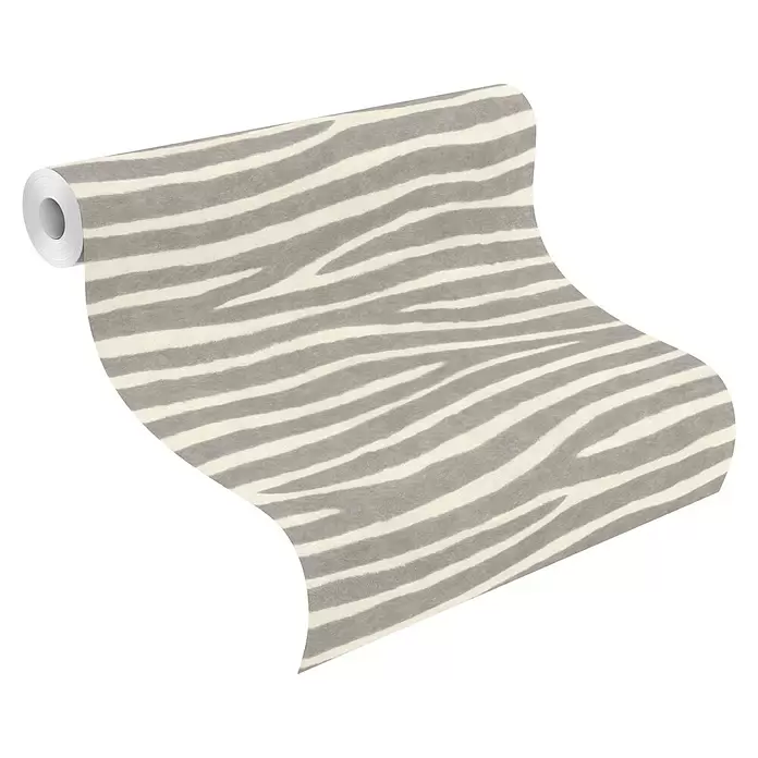 Rasch African Queen III Vliestapete Zebrafell - Hellgrau, Tieroptik, 10,05 x 0,53 m - Eine Rolle graue und weiße Tapete mit Zebrastreifen, die abgerollt wird.