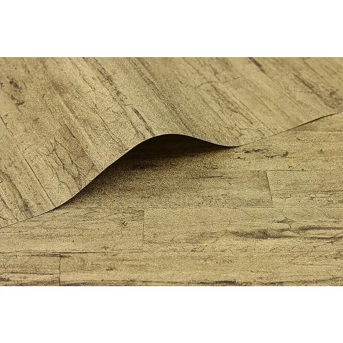 Rasch Curiosity Vliestapete Holzoptik - Gold, Holzoptik, 10,05 x 0,53 m - Nahaufnahme einer goldenen Steinpaneel-Tapete mit einem gewölbten Abschnitt, der die Textur und das Design hervorhebt.