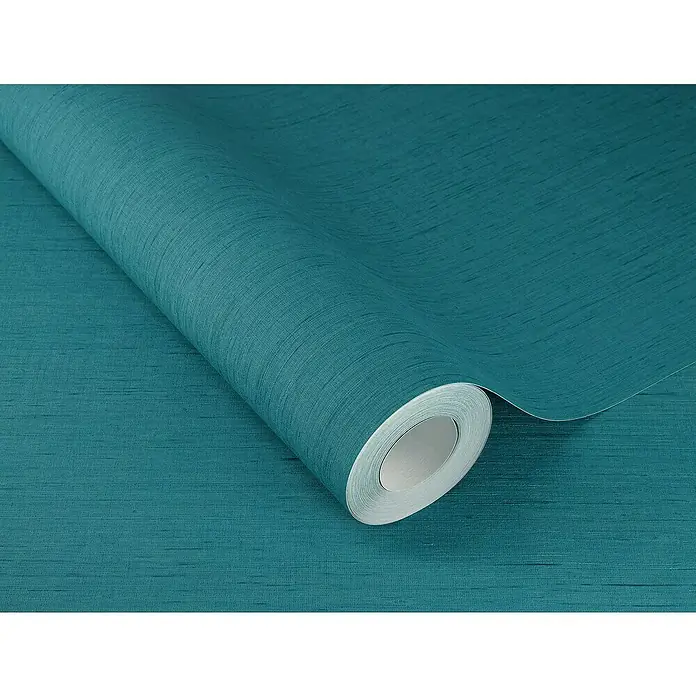 Rasch Wall Textures VI Vliestapete Struktur-Uni - Dunkelblau, Uni, 10,05 x 0,53 m - Nahaufnahme einer Rolle türkisfarbener Vliestapete mit feiner Gewebestruktur, ideal für stilvolle Wandgestaltung.\n