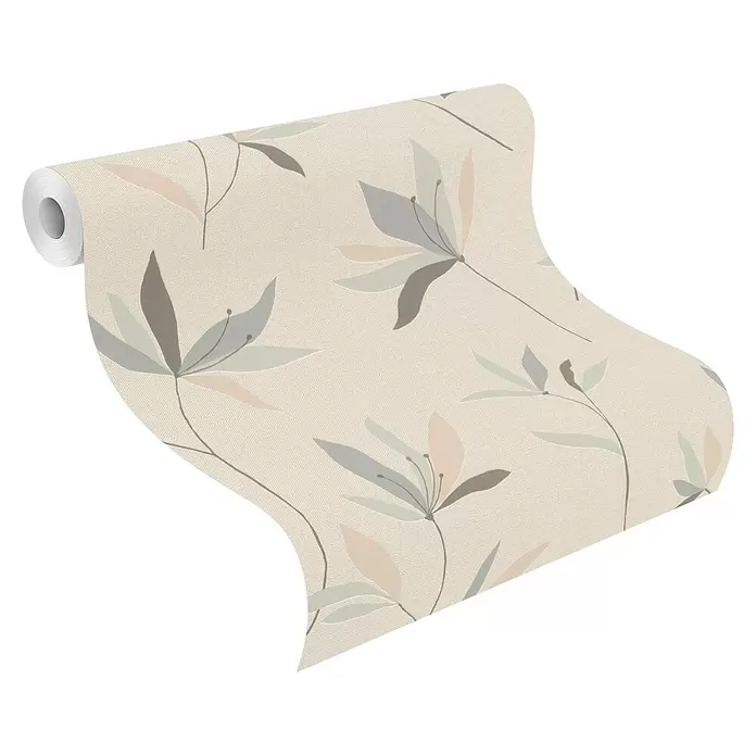 Rasch Color your life Vliestapete Blumen - Greige, Floral, 10,05 x 0,53 m - Rolle beiger Tapete mit subtiler Textilstruktur und abstraktem Blumenmuster in gedämpften Grau-, Blau- und Rosatönen.