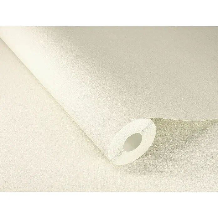 Rasch Wall Textures VI Vliestapete Leinen-Uni - Offwhite, Uni, 10,05 x 0,53 m - Nahaufnahme einer Rolle strukturierten, beigefarbenen Vliestapete. Die Tapete hat eine feine, textile Anmutung und ist auf einer Rolle aufgewickelt.