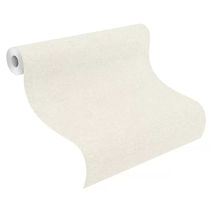 Rasch Welcome home Vliestapete Struktur-Uni - Cremeweiß, Uni, 10,05 x 0,53 m - Rolle strukturierte, hellbeige Tapete, teilweise abgerollt.