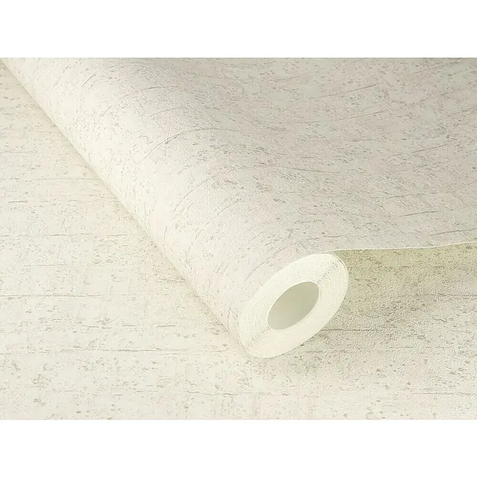 Rasch Factory V Vliestapete Betonoptik-Uni - Kalkstein, Steinoptik, 10,05 x 0,53 m - Nahaufnahme einer Rolle Vinyltapete in gebrochenem Weiß mit subtiler Textur, die ein elegantes und zeitloses Design für jede Inneneinrichtung bietet.