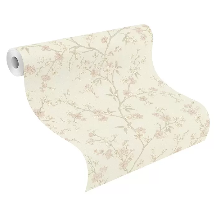 Rasch Country Charme Vliestapete Kirschblüten - Puderrosa, Floral, 10,05 x 0,53 m - Rolle beigefarbener Tapete mit zartem rosa Kirschblütenmuster.