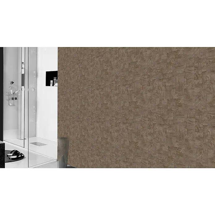 Rasch African Queen III Vliestapete Holz - Mittelbraun, Holzoptik, 10,05 x 0,53 m - Moderne Badezimmergestaltung mit stilvoller Mosaikwand in Holzoptik, die eine warme und einladende Atmosphäre schafft.