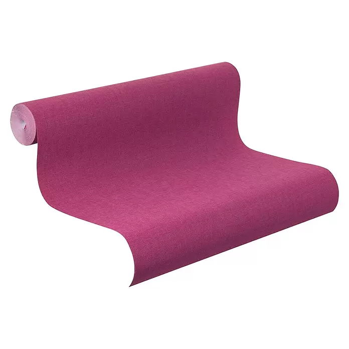 Rasch Country Charme Vliestapete Textil-Uni - Pink, Uni, 10,05 x 0,53 m - Rolle strukturierte Magenta-Tapete, teilweise abgerollt.
