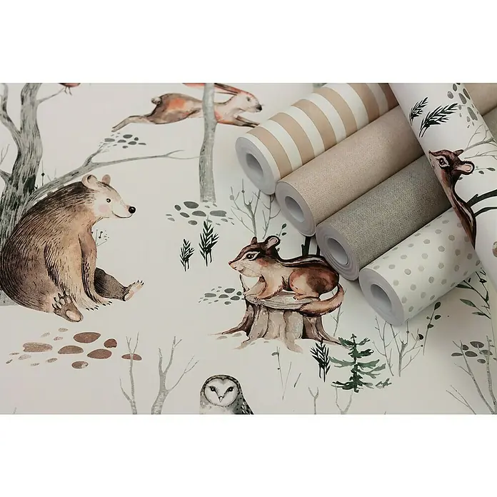 Rasch Kids World Vliestapete Tiere - Hellbraun, Tieroptik, 10,05 x 0,53 m - Eine Auswahl an Rollen mit dekorativer Kinderzimmer-Tapete. Die Motive reichen von Waldtieren bis zu schlichten Mustern.