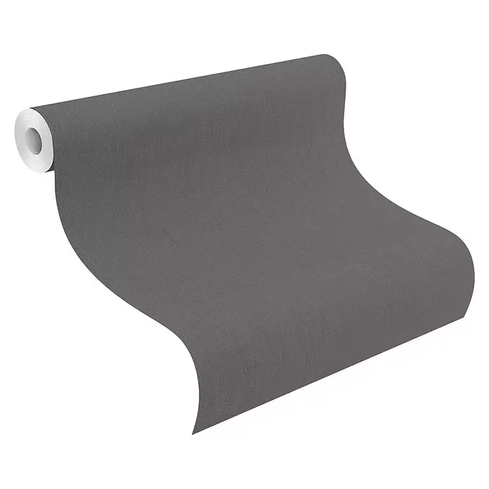 Rasch Color your life Vliestapete Struktur-Uni - Anthrazit, Uni, 10,05 x 0,53 m - Dunkelgraue, strukturierte Tapetenrolle, teilweise abgerollt.