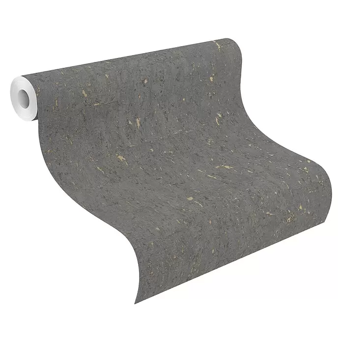 Rasch Curiosity Vliestapete Kork-Optik - Offblack, Steinoptik, 10,05 x 0,53 m - Rolle dunkelgrauer Tapete mit beiger Korkstruktur.