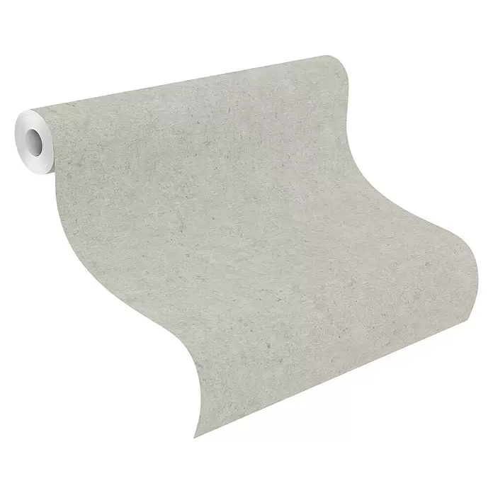 Rasch Factory V Vliestapete Beton-Uni - Hellgrau, Uni, 10,05 x 0,53 m - Hellgraue strukturierte Tapetenrolle, teilweise ausgerollt.