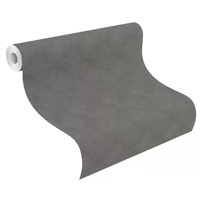 Rasch Sky Lounge Vliestapete Graphik - Graubraun dunkel, Grafisch, 10,05 x 0,53 m - Teilweise abgerollte graue Tapetenrolle mit dezentem Wellenmuster und strukturierter Oberfläche.