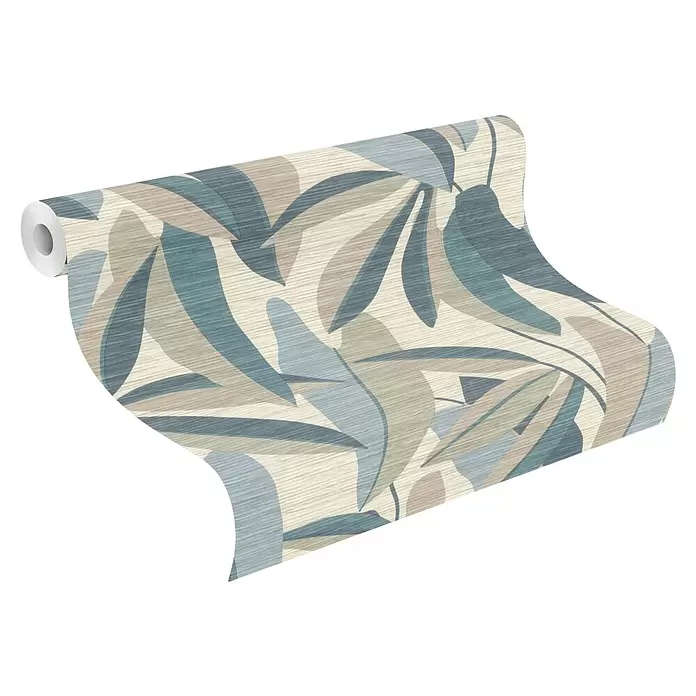 Rasch Symphony Vliestapete Blätter stilisiert - Dunkelblau, Floral, 10,05 x 0,53 m - Tapetenrolle mit abstraktem blauem, grünem und beigem Blattmuster auf hellem Holzstrukturhintergrund.