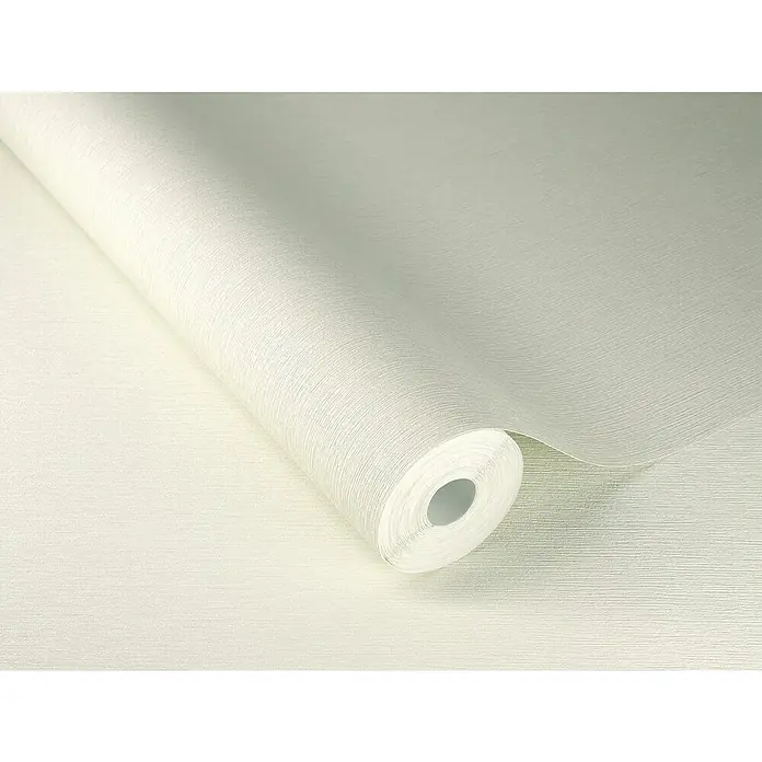 Rasch Sky Lounge Vliestapete Metallic-Uni - Perlmutt, Uni, 10,05 x 0,53 m - Nahaufnahme einer Rolle cremefarbener Tapete mit dezenter Textur, ideal für eine schlichte und elegante Wandgestaltung im Innenbereich.