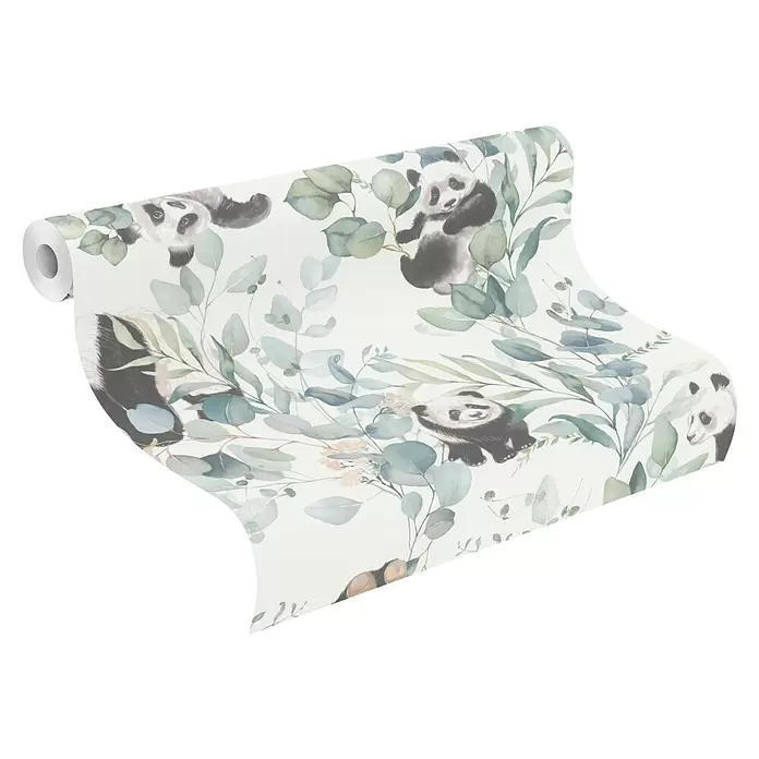 Rasch Kids World Vliestapete Pandabären - Petrol hell, Tieroptik, 10,05 x 0,53 m - Tapetenrolle mit Muster aus Aquarell-Pandas und Eukalyptusblättern.
